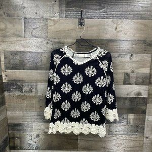 Chico's Jersey 3/4 Sleeve Crochet Accent Top Sz 4